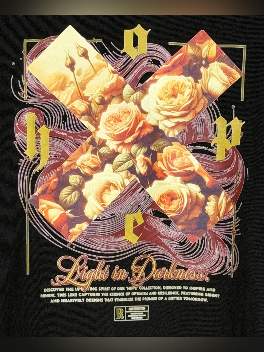Rebel NY Light in Darkness Floral Cross Black Graphic T-Shirt Streetwear